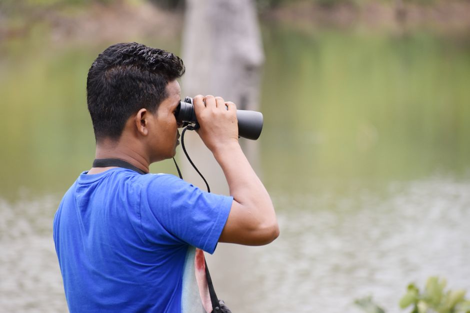 Man in blue shirt using binoculars at lakeside, exploring nature and wildlife.